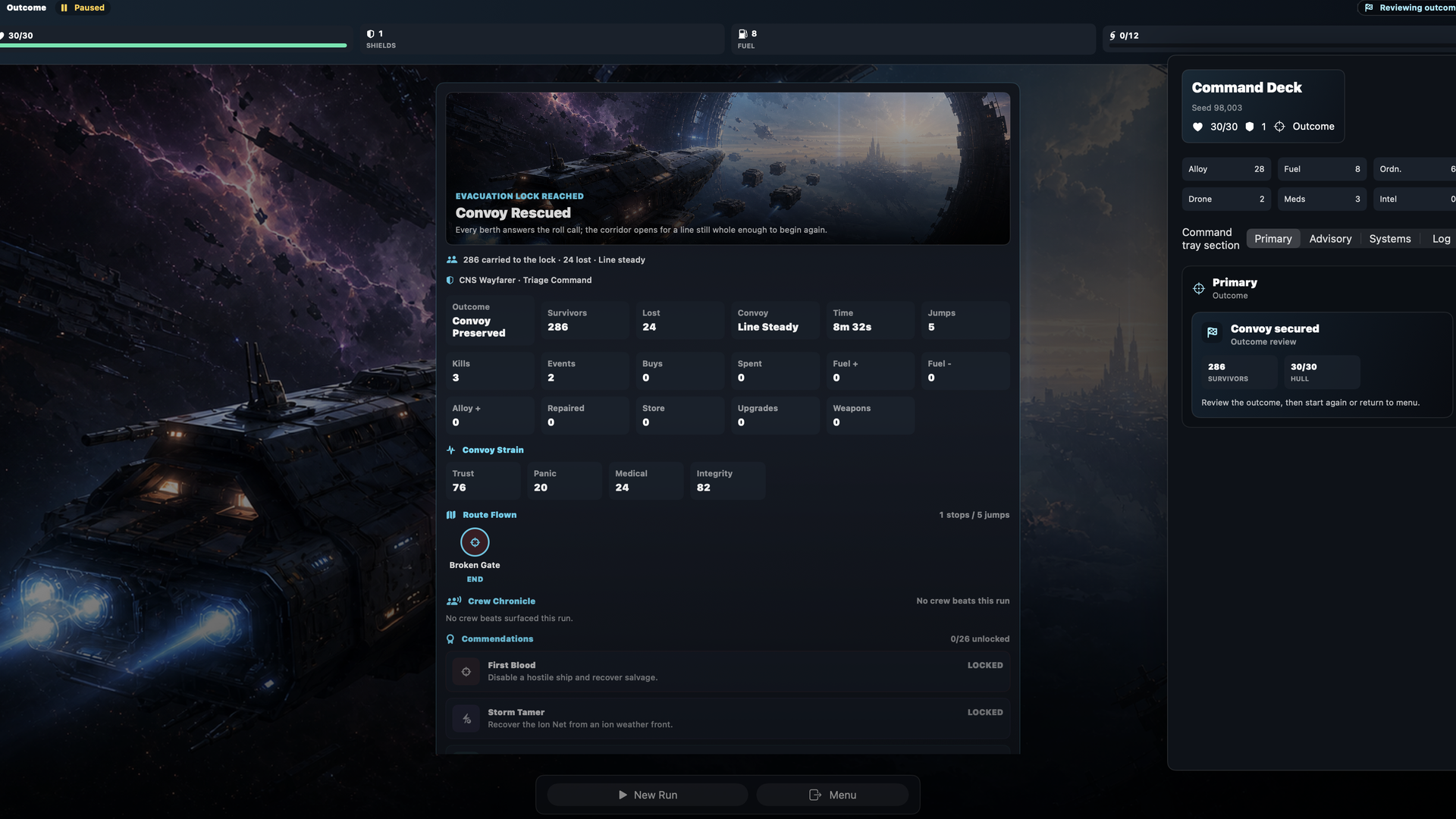 Voidline Steam end-run summary screen.