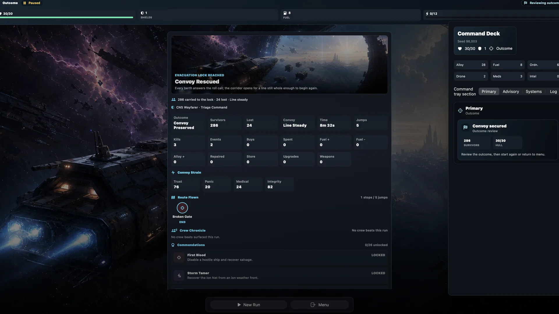Voidline Steam end-run summary screen.