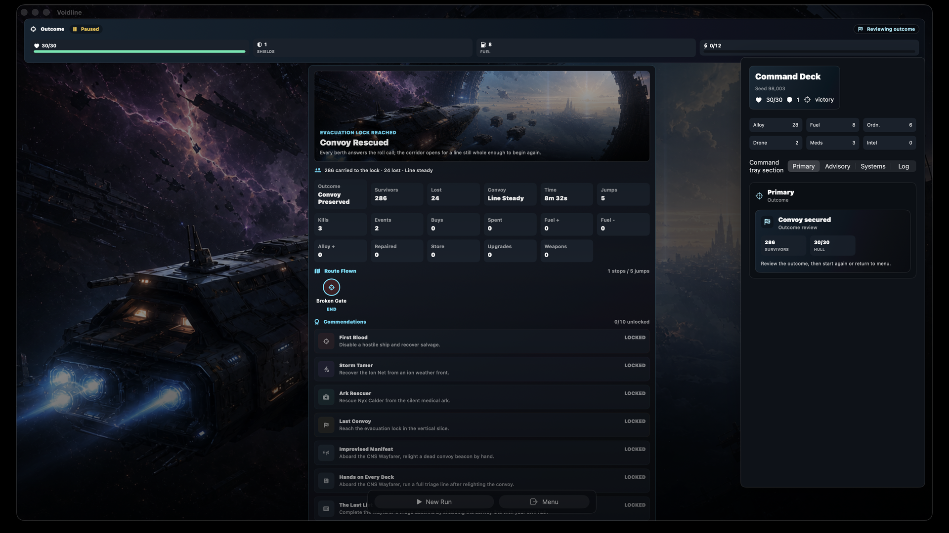 Voidline Steam victory review and run outcome screen.