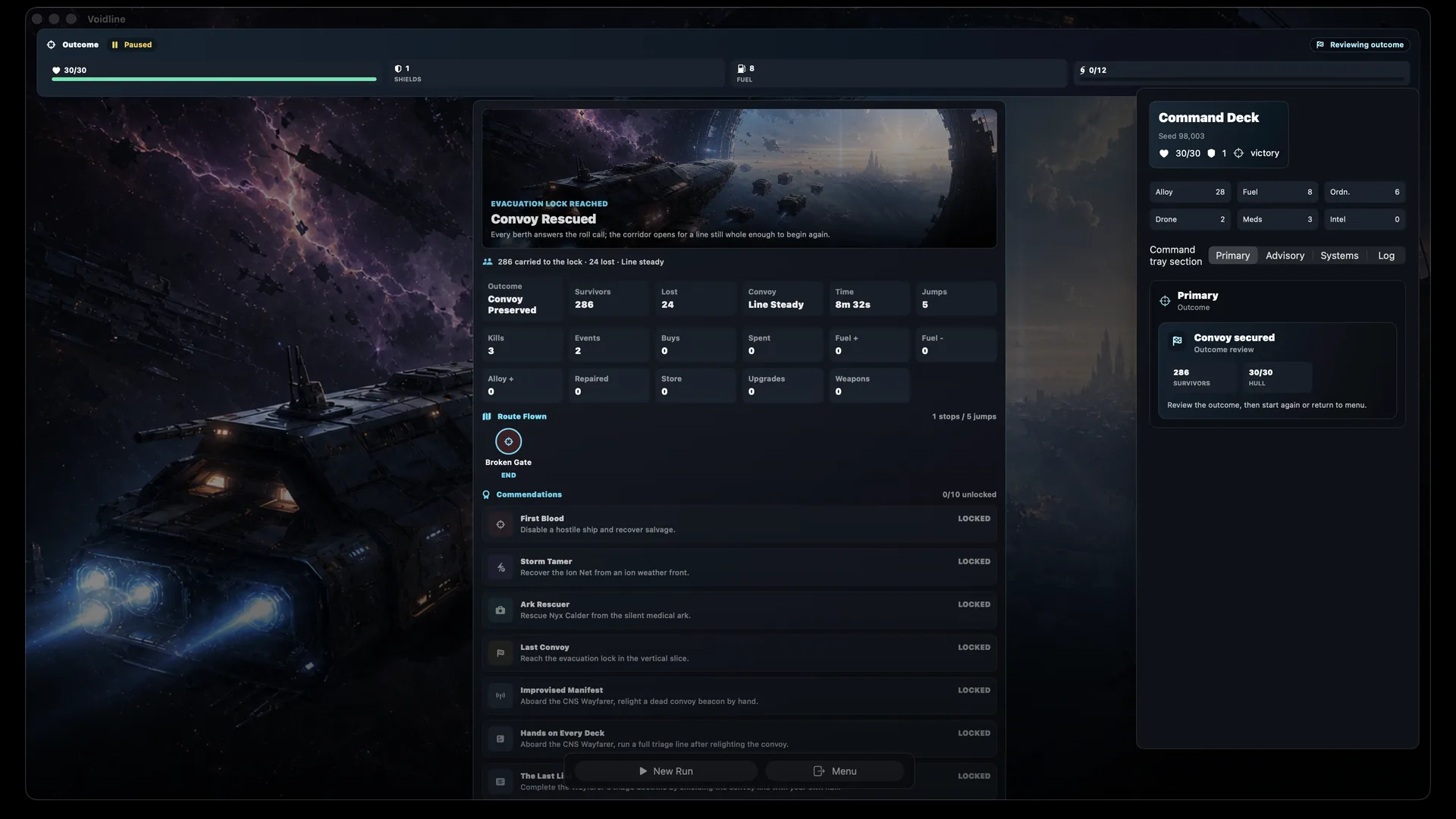 Voidline Steam victory review and run outcome screen.