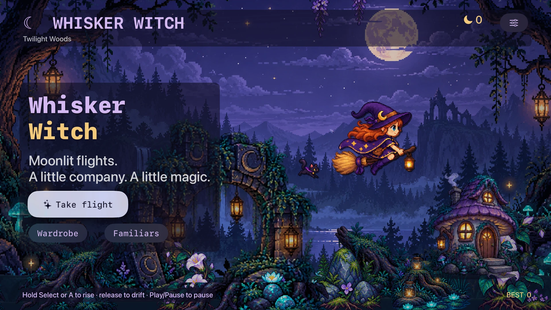 Whisker Witch native cottage menu with Take flight, Wardrobe and Familiars controls beside the witch and a glowing woodland cottage.