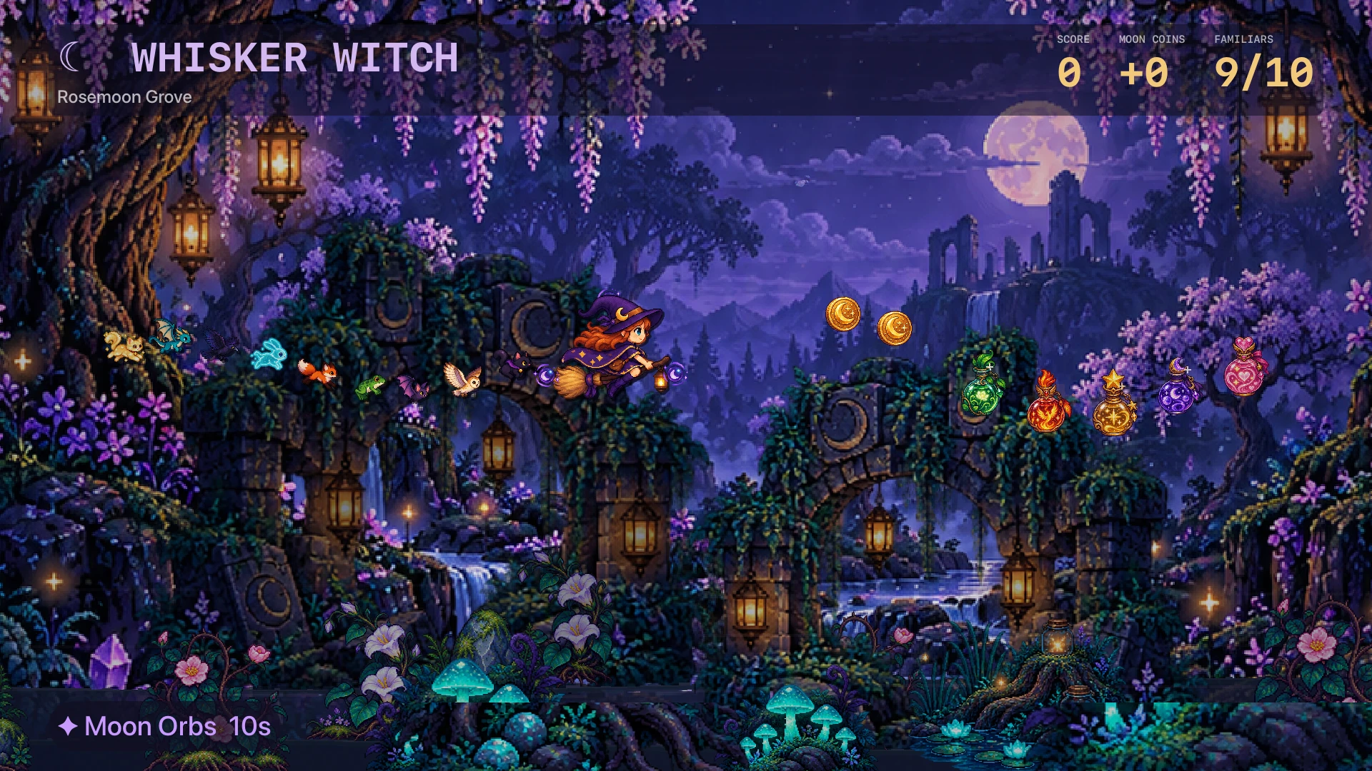 Whisker Witch native Rosemoon Grove scene with hanging blossoms, lanterns, familiars and purple Moon Orbs.