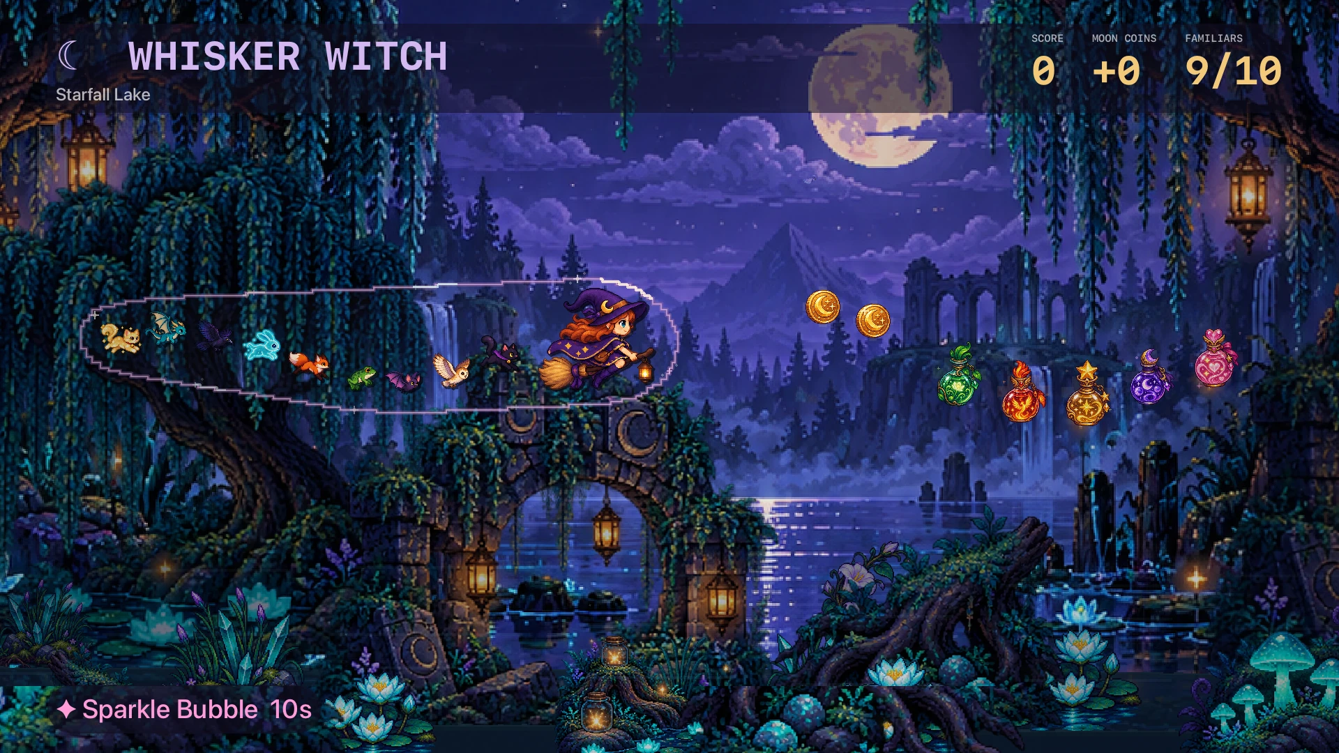 Whisker Witch native Starfall Lake scene with a moonlit witch, nine familiars and a shield around the chain.